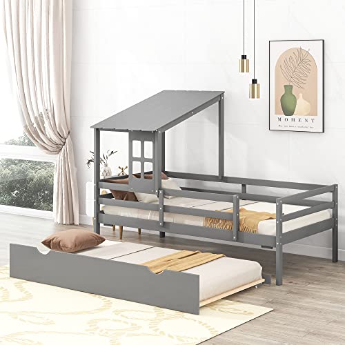 Tiiiopkvvv Niedriges Doppelbett mit 2 Schubladen, Holzhochbett mit Dach und Kinderzimmermöbeln (grau) (mit Ausziehbett, grau) von Tiiiopkvvv