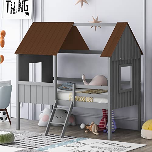 Tiiiopkvvv Niedriges Loft-Holzhaus mit Leiter, zwei seitlichen und durchgehenden Schutzgeländern auf dem Bett mit Stauraum unter dem Bett, 202,9 cm L x 114 cm B x 192,5 cm H, Weiß + Grau (Grau + Braun Tiiiopkvvv Niedriges Loft-Holzhaus mit Leiter, zwei seitlichen und durchgehenden Schutzgeländern auf dem Bett mit Stauraum unter dem Bett, 202,9 cm L x 114 cm B x 192,5 cm H, Weiß + Grau (Grau + Braun von Tiiiopkvvv