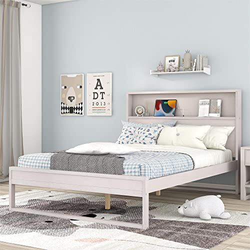 Tiiiopkvvv Plattformbett aus Massivholz, volle Größe, mit Stauraum, Steckdosen und USB-Anschlüssen, kein Boxspringbett erforderlich, geräuschfrei, einfache Montage (antikgrau), rutschfest (Antik-Weiß) von Tiiiopkvvv