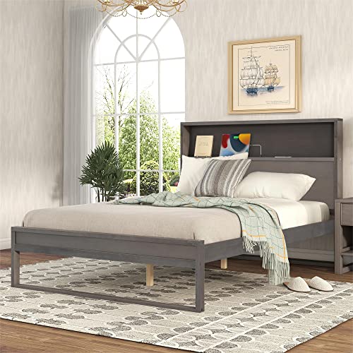 Tiiiopkvvv Plattformbett aus Massivholz, volle Größe, mit Stauraum, Steckdosen und USB-Anschlüssen, kein Boxspringbett erforderlich, geräuschfrei, einfache Montage (antikgrau), rutschfest (Antikgrau) von Tiiiopkvvv
