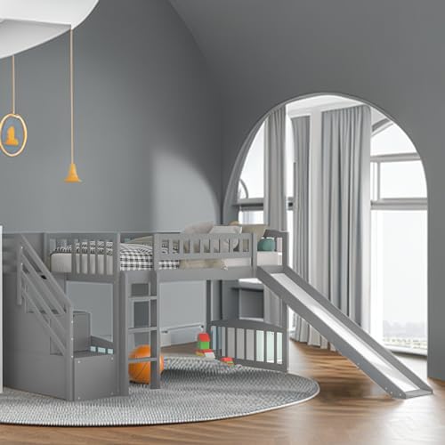 Tiiiopkvvv Stairway Hochbett mit zwei Schubladen und Rutsche, weiß, platzsparend, wandelbare Leiter, stabil und Kiefernholz, mit Geländern ausgestattet, keine Boxfedern erforderlich (Grau_0 Twin) von Tiiiopkvvv