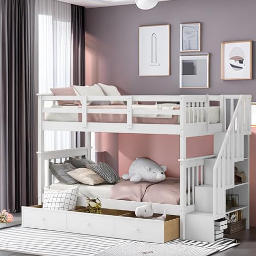 Tiiiopkvvv Stairway Twin-Over-Twin Etagenbett mit drei Schubladen und vier Regalen, teilbar in zwei Betten, kein Boxspringbett erforderlich, ideal für Schlafzimmer, Schlafsaal, Doppelbett, Weiß (Weiß Tiiiopkvvv Stairway Twin-Over-Twin Etagenbett mit drei Schubladen und vier Regalen, teilbar in zwei Betten, kein Boxspringbett erforderlich, ideal für Schlafzimmer, Schlafsaal, Doppelbett, Weiß (Weiß von Tiiiopkvvv
