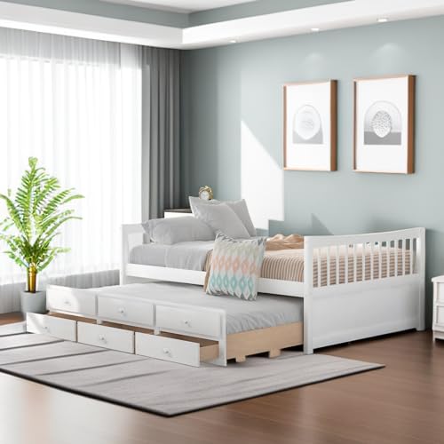Tiiiopkvvv Tagesbett in voller Größe mit Ausziehbett und Schubladen, platzsparend, solide, kein Boxspringbett erforderlich, schlankes, elegantes Design, Doppelbett, Weiß Tiiiopkvvv Tagesbett in voller Größe mit Ausziehbett und Schubladen, platzsparend, solide, kein Boxspringbett erforderlich, schlankes, elegantes Design, Doppelbett, Weiß von Tiiiopkvvv