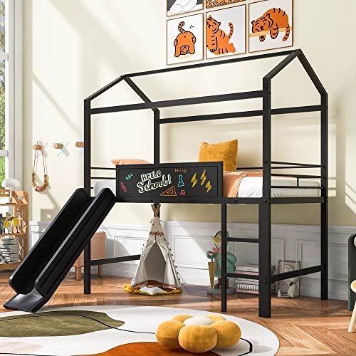 Tiiiopkvvv Twin Size Hausbett aus Metall mit Rutsche, vielseitiges Hochbett mit zweiseitig beschreibbarem Holzbrett, stabiler Stahl, ideal für Kinder, Weiß (Black Twin) von Tiiiopkvvv