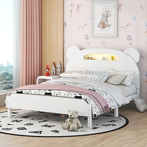 Vollbett, kompatibel mit Kindern, Holzplattformbett in voller Größe, mit bärenförmigem Kopfteil und bewegungsaktivierten Nachtlichtern, kein Boxspringbett erforderlich, einfache Montage (weiß Vollbett, kompatibel mit Kindern, Holzplattformbett in voller Größe, mit bärenförmigem Kopfteil und bewegungsaktivierten Nachtlichtern, kein Boxspringbett erforderlich, einfache Montage (weiß von Tiiiopkvvv