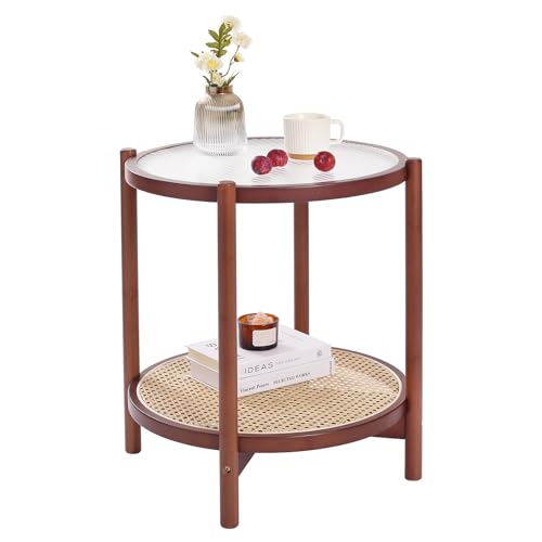 Tiita Rattan Nachttisch Beistelltisch Bambus Akzent Nachttische Glas Couchtische Boho Holz Beistelltisch mit Stauraum für kleinen Raum Wohnzimmer und Schlafzimmer von Tiita