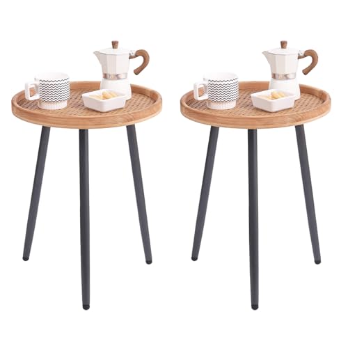 Tiita Runder Beistelltisch aus Rattan, Nachttisch/kleine Holztische, Akzent-Couchtisch mit Holztablett für Wohnzimmer, Schlafzimmer, Büro, kleiner Raum, 2 Stück von Tiita