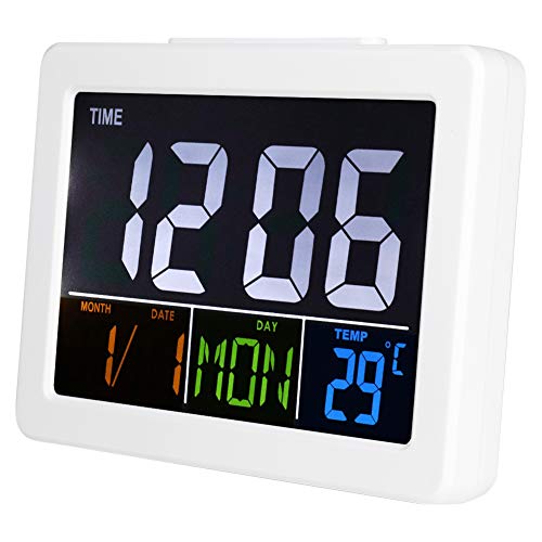 Digitaler Kalenderwecker, LED Digitaluhr Temperaturanzeige Tragbarer Spiegelalarm Tischuhr LCD Display Schnelleinstellung Anschwellendem Gelesen Werden Kinder Senioren Sehschwache Weiß von Tiiyee