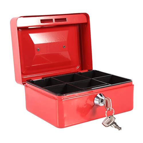 Geldkassette, Feuerfeste wasserdichte Box mit Schlüsselschloss Tragbare Mini Tragbarer Safe Stahl Petty Abschließbar Bargeld Geld Münze Schmuck Sicherheitsbox Tresor Griff Haushalt Ausweise Rot von Tiiyee