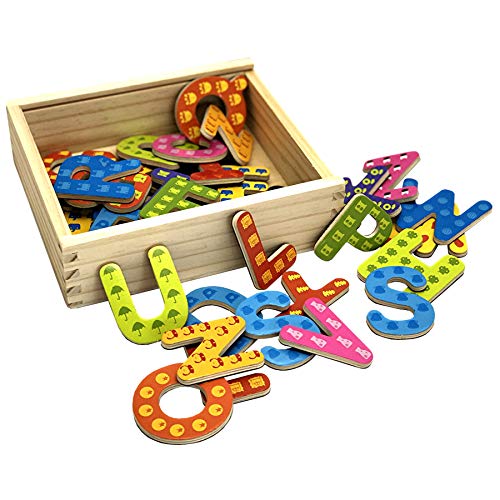 Holz Magnet Buchstaben oder Zahlen in Holzkiste mit magnetischen Holzbuchstaben oder Magnetzahlen in verschließbarer Kiste aus Holz, mit Anlautbildern zum Schreiben und Rechnen Lernen, ABC von TikTakToo