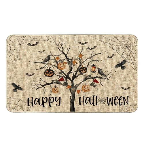Tikeciti Fußmatte mit Aufschrift "Happy Halloween", Kürbisbaum, Spinnennetz, gruselige Urlaubsdekoration, Haustürmatte, rutschfeste Eingangsmatte, flaches Profil, Küche, Bodenteppich, Dekoration für von Tikeciti