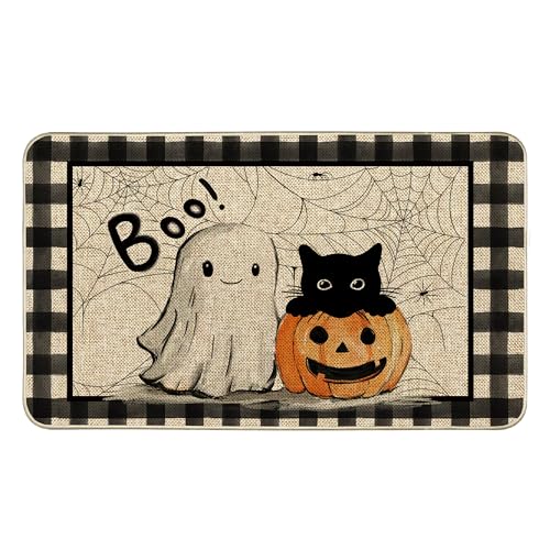Tikeciti Halloween-Fußmatte, Motiv: Ghost Boo Willkommens-Fußmatte, schwarze Katze, Kürbis, gruselige Urlaubsdekoration, Haustürmatte, rutschfeste Eingangsmatte, flaches Profil, Küche, Bodenteppich von Tikeciti