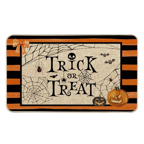 Tikeciti Halloween-Fußmatte, Motiv: Trick or Treat Willkommen, Spinnennetz-Fußmatte, gruselige Urlaubsdekoration, Haustürmatte, rutschfeste Eingangsmatte, flaches Profil, Küche, Bodenteppich von Tikeciti