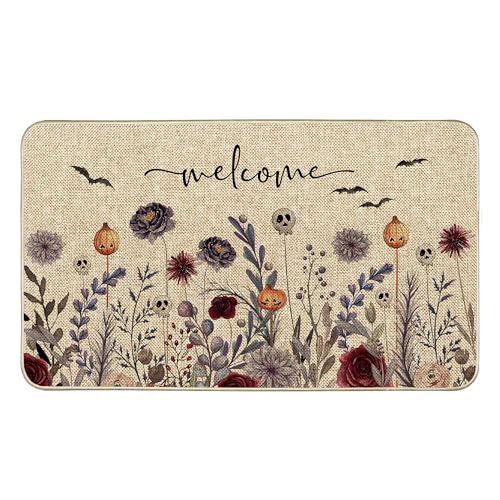 Tikeciti Halloween-Fußmatte, violettes Blumenmuster, Burgunderrot, Blumen-Fußmatte, gruselige Urlaubsdekoration, Haustürmatte, rutschfeste Eingangsmatte, flaches Profil, Küche, Bodenteppich von Tikeciti