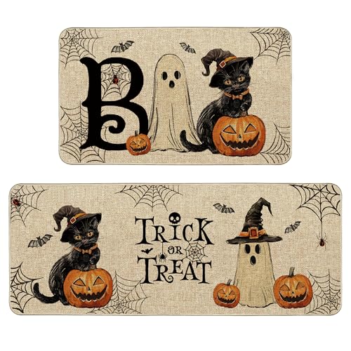 Tikeciti Halloween-Küchenmatten-Set, Motiv: Ghost Boo schwarze Katze, gruseliger Kürbis, Spinnennetz, Küchenteppich, Urlaub, Boden, rutschfest, niedriges Profil, saisonale Bauernhaus-Heimdekoration von Tikeciti