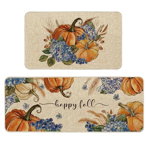Tikeciti Happy Fall Kürbis-Küchenmatten, 2er-Set, blaue Hortensien, Küchenteppich, Herbstboden, rutschfest, niedriges Profil, saisonale Bauernhaus-Heimdekoration, 43,2 x 73,2 cm und 43,2 x 119,2 cm von Tikeciti