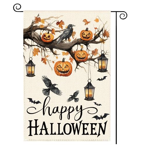 Tikeciti Happy Halloween Kürbis Black Tree Welcome Gartenflagge 30,5 x 45,7 cm, doppelseitig, Krähenkürbis, saisonale Jute, kleine Hofflagge, Bauernhaus, Urlaub, Terrasse, Outdoor, Dekoration von Tikeciti