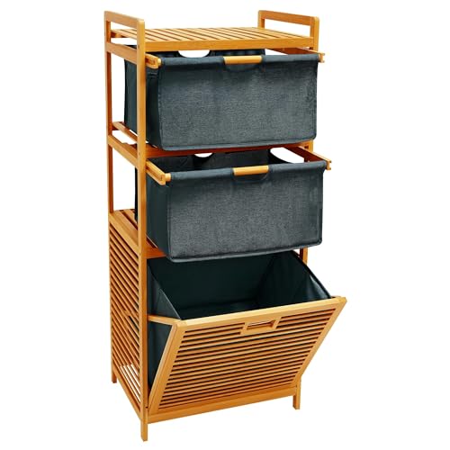 TiKlife Wäschekorb 3 Fächer Bambusmaterial Schmutzwäschekorb Badezimmerschrank kann in Badezimmer Küche Wohnzimmer Schlafzimmer platziert werden Grau von Tiklife