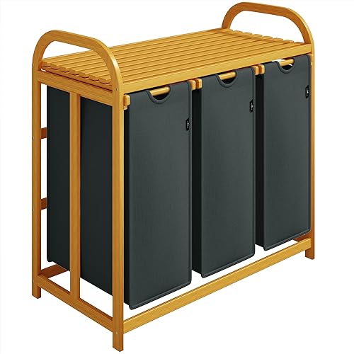 Tiklife Wäschekorb mit 3 Fächern ausziehbarer und abnehmbarer Wäschesack Bambus-Wäschekorb 150L Grau von Tiklife