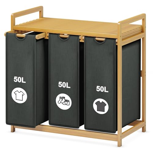 Tiklife Wäschekorb mit 3 Fächern ausziehbarer und abnehmbarer Wäschesack Bambus-Wäschekorb Laundry Basket 150L Grau von Tiklife