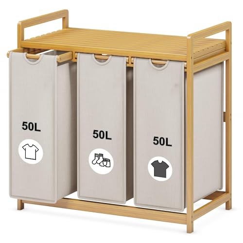 Tiklife Wäschekorb mit 3 Fächern ausziehbarer und abnehmbarer Wäschesack Bambus-Wäschekorb 150L HellGrau von Tiklife