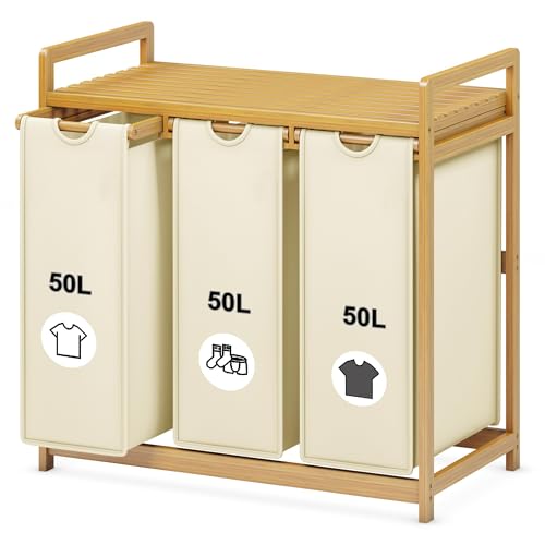 Tiklife Wäschekorb mit 3 Fächern ausziehbarer und abnehmbarer Wäschesack Bambus-Wäschekorb laundry Basket 150L Beige von Tiklife