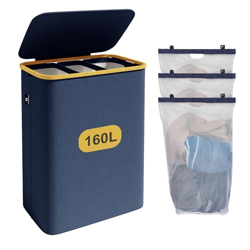 Tiklife Wäschekorb mit Deckel 3 Fächer Wäschekorb 160L Wäschesack Wäschesortierer Wäschebox Faltbare Wäschekörbe 160-blau von Tiklife