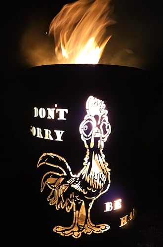 TiKo-Design Feuertonne mit Huhn Motiv – Lagerfeuertonne ‘Dont Worry - be Happy’ – Perfekt für gesellige Gartenabende und stimmungsvolle Lagerfeuer von Tiko-Metalldesign