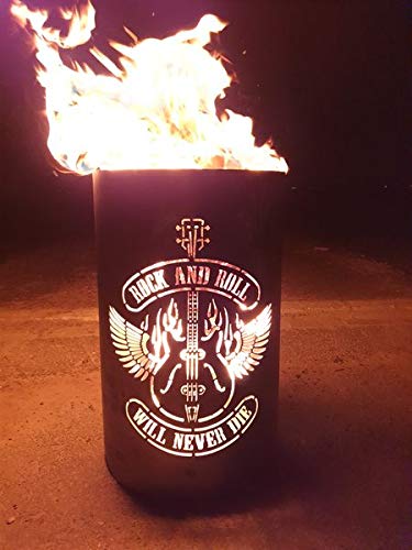 TiKo-Design Feuertonne/Feuerkorb - Lagerfeuertonne mit Motiv Rock and Roll - Will Never die – Verleihen Sie Ihrem Garten EIN besonderes Ambiente für unvergessliche Abende von Tiko-Metalldesign
