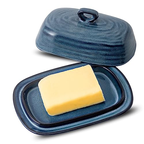 Butterdose mit Deckel, Tikooere Keramik-Butterhalter mit Abdeckung für Arbeitsplatte, Porzellan-Butterbehälter mit Griff für East West Coast Butter, Butterdose Dekor für Küchengeschenke, Blau von Tikooere