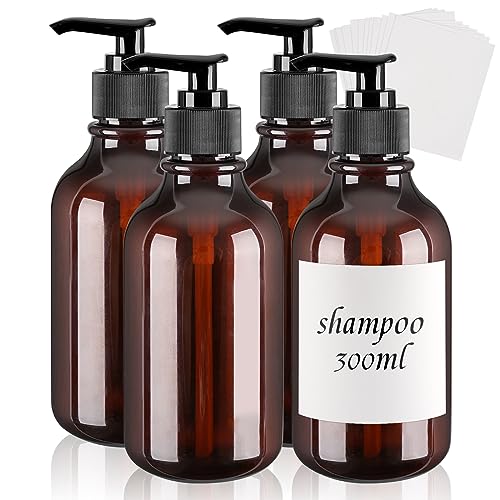 4 Stück Seifenspender, 300ml Shampoo Flaschen zum Befüllen, PET Leer Flasche Spülmittelspender mit Etiketten, Lotionspender Pumpflasche für Badezimmer, Küche, Hotel von Tikplus