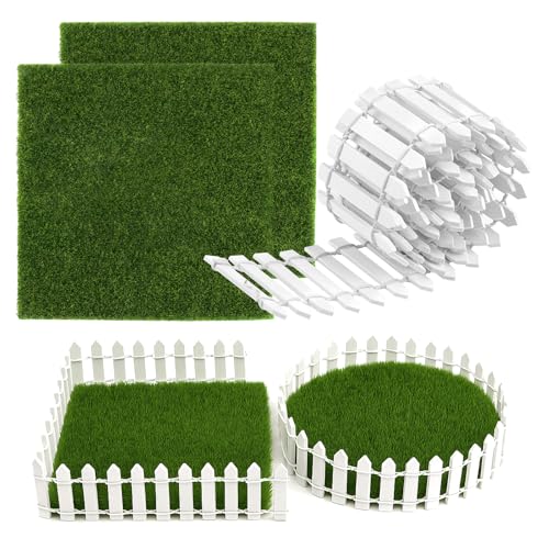 90x5cm Miniatur Gartenzaun, mit 2 Stück Kunstrasen zum Basteln, Holz Mini Holzzaun für DIY Weihnachtsdeko Garten, Wichtel Garten Staketenzaun, für Miniatur Deko (Reinweißer Zaun) von Tikplus