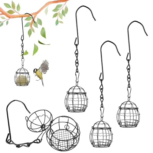 Futterstation Vögel, Futterspender zum Aufhängen, Wildvogel ständer mit S-förmigen Haken, Ketten, Metall Vogelfutterhaus Durchmesser 7cm, Schwarz Futterspender Hänger für Garten (4) von Tikplus