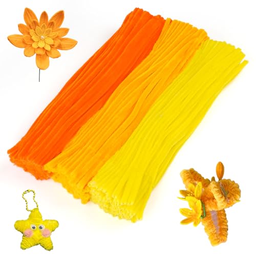 Pfeifenreiniger, Pfeifenputzer 3 Verschiedene, Biegbar Pfeifenputzer zum Basteln, 30cm Grün Pipe Cleaner, Plüsch Pfeiffenputzerdraht für Handwerk DIY, Weihnachten Dekorieren (Gelb) von Tikplus