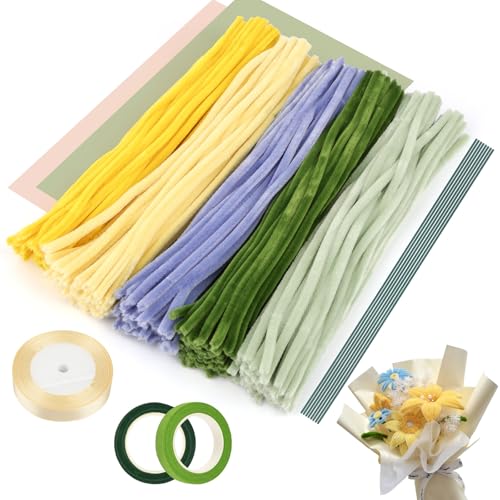 Tikplus 250 Stück Pfeifenreiniger Blumen Set, Sonnenblumen Pfeifenputzer zum Basteln, 30cm Pipe Cleaner Set mit Blumenstäbe,Blumenband,Geschenkband und Geschenkpapier für Kreative DIY-Projekte von Tikplus
