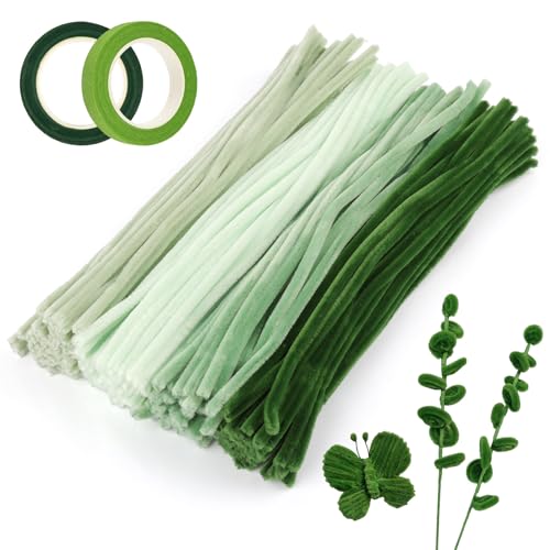 Pfeifenreiniger Blumen Set, 200 Stück Grün Pfeifenputzer zum Basteln,30cm Chenilledraht mit 20 Stück Blumenstäbe und Blumenband, Pipe Cleaner Blumendraht Set für Erwachsene DIY-Projekte, 4 Farbe von Tikplus