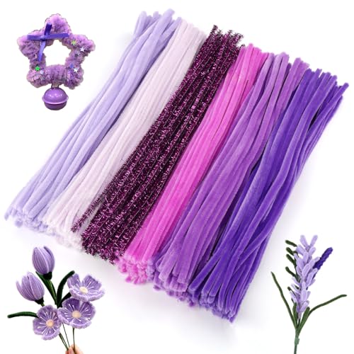 Pfeifenreiniger Blumen Set, 300 Stück Lila Pfeifenputzer zum Basteln,30cm Chenilledraht mit 20 Stück Blumenstäbe und Blumenband, Pipe Cleaner Blumendraht Set für Erwachsene DIY-Projekte,6 Farbe von Tikplus