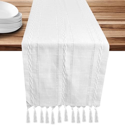Tischläufer Weiß Boho, Baumwolle Table Runner mit Hand Quasten, Makramee Leinen Tischdecke für Partys, Hochzeit Tabletop Dekor, Esszimmer Dekor - 33 x 183cm von Tikplus