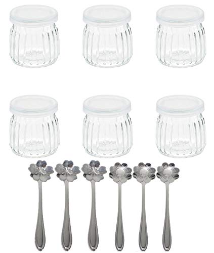 Tikwisdom 1 Set (6 Gläser mit 6 Blumen-Dessertlöffel) Joghurtgläser Puddingglas mit Deckel Ersatzglas für vertikale Streifen, 200 ml von Tikwisdom