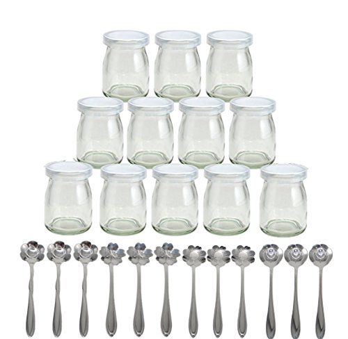 Tikwisdom Joghurtgläser, Puddinggläser mit Deckel, Ersatzgläser für 100 ml, 1 Set (12 Gläser mit 12 Blumen-Dessertlöffeln) von Tikwisdom