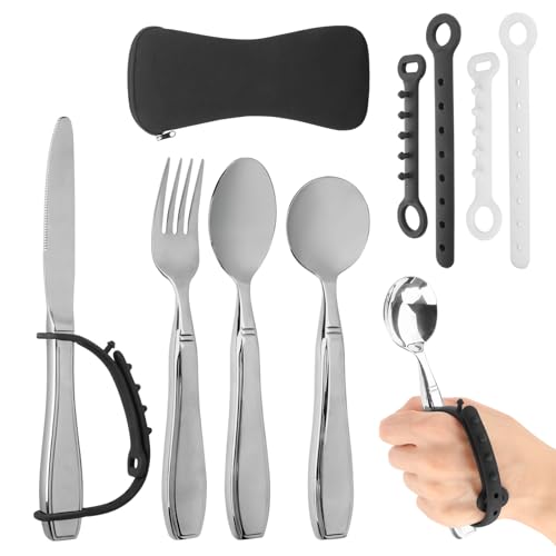 Gewichtete Besteck mit Universal Manschette von Tilcare - Gewichtete Besteck für Handzittern und Parkinson-Patienten-Set mit Tasche, 4 Universal-Manschettenbändern, Gabel, Messer und 2 Löffeln von Tilcare