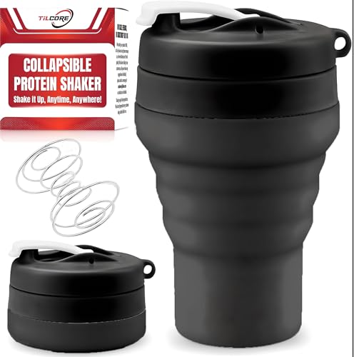 Tilcore Zusammenklappbarer Protein-Shaker und Wasserflasche, lebensmittelecht, auslaufsicherer Deckel, 600 ml, wiederverwendbare Silikon-Shaker-Becher für Protein-Shakes mit Mischball für von Tilcore