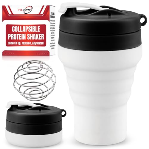 Tilcore Zusammenklappbarer Protein-Shaker & Wasserflasche Lebensmittelqualität, auslaufsicherer Deckel 600 ml / 20 oz - Wiederverwendbarer Silikon-Protein-Shaker mit Mischkugel von Tilcore