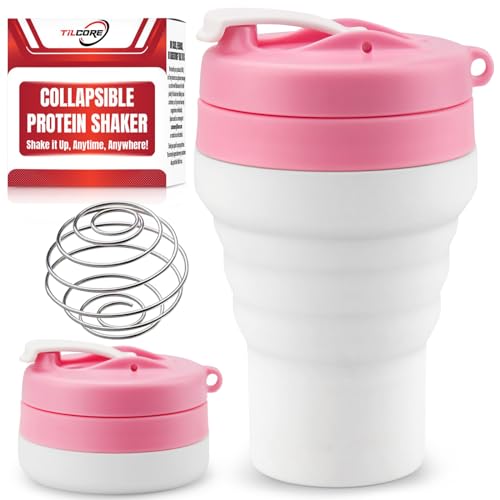 Tilcore Zusammenklappbarer Rosa Protein-Shaker & Wasserflasche Lebensmittelqualität, auslaufsicherer Deckel 600 ml / 20 oz - Wiederverwendbarer Silikon-Protein-Shaker mit Mischkugel von Tilcore