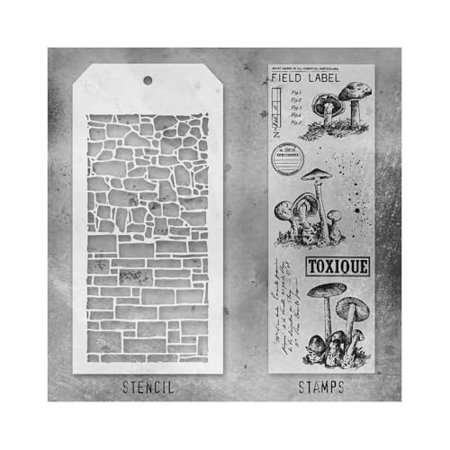 Tim Holtz Collection Stamper's Anonymous Tim Holtz Ziegel und Steine mit Pilzen, gemischte Medien, Stempel und Schablonen-Set THMM112 von Tim Holtz Collection