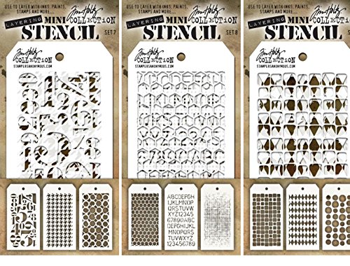 Tim Holtz - Mini Layering Stencils - Sets #7, #8, & #9 - 9 Mini Stencils - Numeric, Houndstooth, Rings, Honeycomb, Schoolhouse, Dot Fade, Tiles, Harlequin & Splotches by Tim Holtz von Tim Holtz