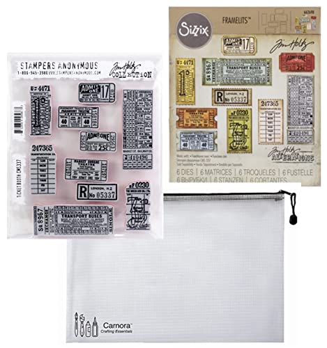 Tim Holtz Stampers Anonymous and Sizzix Ticket Booth Haftstempel und passende Sizzix Framelits Stanzschablonen-Set plus Carnora Aufbewahrungstasche, 3-teiliges Set (CMS337, 662698) von Tim Holtz