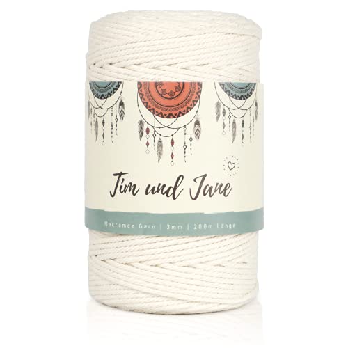 Tim und Jane® Makramee Garn 3mm x 100m, gedreht | 100% Baumwollgarn, Nicht Gebleicht | Natur Weiß | Makramee-Garn ohne Kern | Macrame Cord für Wandbehang, Blumenampel von Tim und Jane