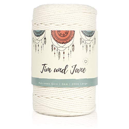 Tim und Jane® Makramee Garn 3mm x 200m, gedreht | 100% Baumwollgarn, Nicht Gebleicht | Natur Weiß | Makramee-Garn ohne Kern | Macrame Cord für Wandbehang, Blumenampel von Tim und Jane