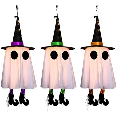 3 Stück Halloween Deko Hängende Geister, 60cm Halloween Geist Deko Outdoor Mit Hexenhut Leuchtende Geister Hexenhut Lichter 3 Beleuchtungsmodi Für Hof Garten Terrasse Rasen Partydekor von Timasser